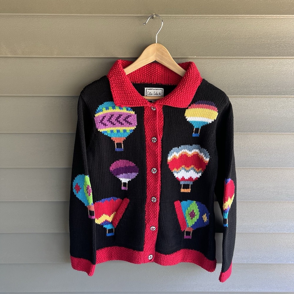Cotton Salsa Cardigan Women XL Black Hot Air Balloon Novelty Hand Loomed Peru